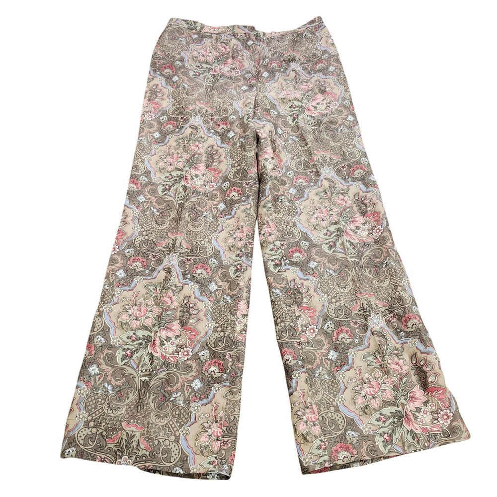 Talbots Womens Sz 16 Floral Paisley Wide Leg Pants Tan Pink Blue Tapestry Print